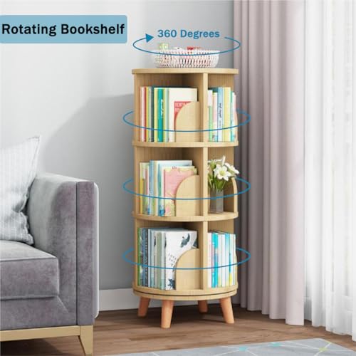 Gdrasuya10 3 Tier Rotating Bookshelf with Legs, Revolving Bookcase Floor Standing Book Shelf 360 Display Bookcase Round Bookshelf Corner Book Shelf Easy Assemble for Bedroom