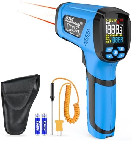 Infrarot Thermometer MESTEK -40°C bis 1600℃ Digital Laser Hochtemperatur Temperaturmessgerät mit K-Sonde IR Pyrometer Berührungslos LCD Alarm Einstellbarer Emissionsgrad für Küche Industrie