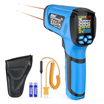 Infrarot Thermometer MESTEK -40°C bis 1600℃ Digital Laser Hochtemperatur Temperaturmessgerät mit K-Sonde IR Pyrometer Berührungslos LCD Alarm Einstellbarer Emissionsgrad für Küche Industrie