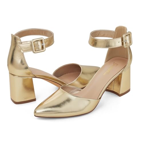 GENSHUO Women's Closed Toe Low Block Chunky Heels Pointed Toe 2 Inch Pumps with Ankle Strap Comfortable Dress Shoes for Daily Work Wedding Party3