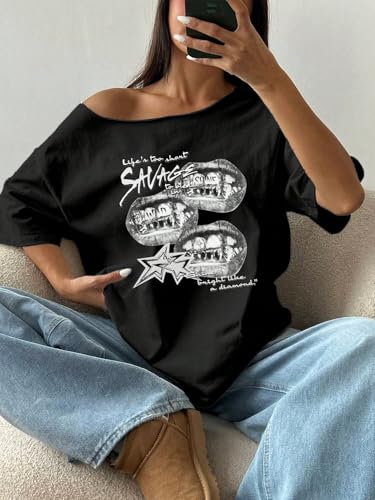 Image of SXV STYLE Women's Off Shoulder t Shirt, Savage Lips Graphic Print, Long Sleeve, White and Black