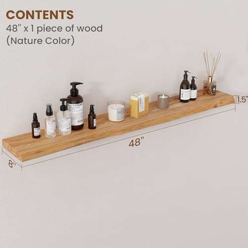 Image of Floating Shelves for Wall Decor, Rustic Solid Elm Wood Live Edge Floating Shelves Wall Mounted, Wall Shelves with Invisible Bracket for Living Room Bathroom Bedroom Kitchen, 48 Inch, Natural