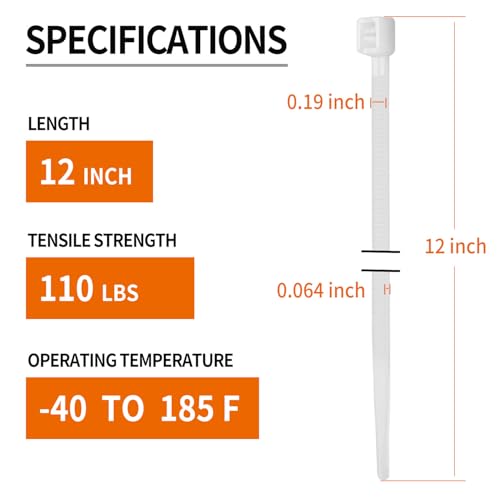 Eletoo 12 Inch White Zip Ties Heavy Duty 1200 Pack,110 LBS Tensile Strength, Self-Locking UV Resistant Cable Ties for Indoor and Outdoor Use by Eletoo - Image 2