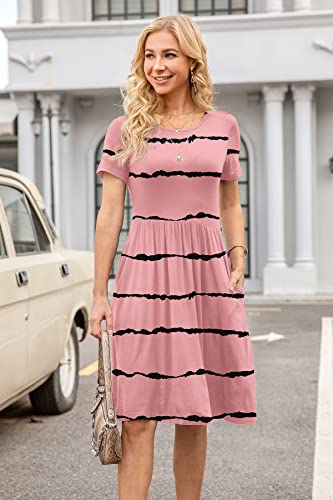 Image of DB MOON Women Summer Casual Short Sleeve Dresses Empire Waist Dress with Pockets(Stripes Red Bean Paste, S)