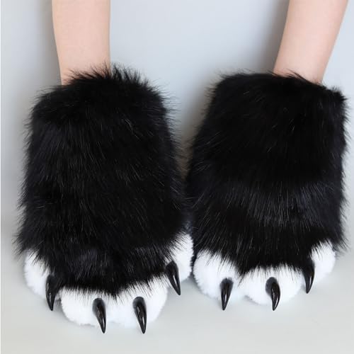 NexinEstic Schwarz Weiß Therian Pfoten Pelzig Pfoten Kunstpelz Katzenpfoten Handschuhe, Therian Handschuhe mit Krallen, Fursuit Pelziges Kostüm Cosplay Katzen Wolf Fuchs Kostüm