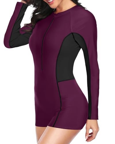 Image of Daci Women Long Sleeve Rash Guard One Piece Boyleg Swimsuit Zipper Surfing Bathing Suit UPF 50+