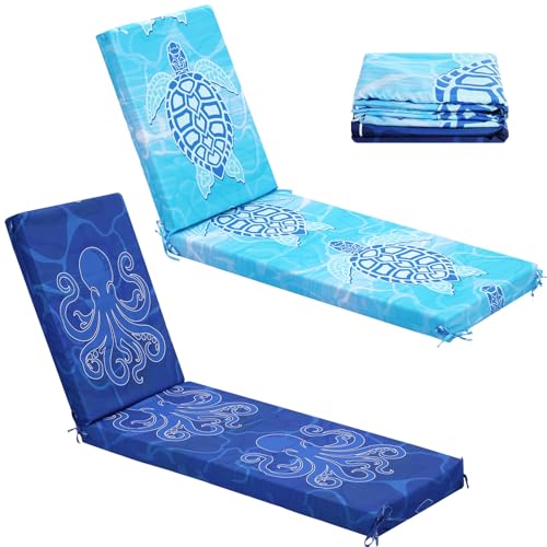 Hillsuren 2 Pack Chaise Lounge Cushion Covers Outdoor (Not Includes Cushions) Waterproof Chair Cushion Replacement Covers 72 x 21 x 3 Inch for Patio Pool Lawn Slipcover with Ties (Ocean)