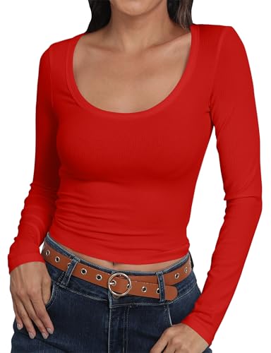 Roselux Womens Long Sleeve Scoop Neck Ribbed Knit Fitted Crop Top Casual Basic Shirts