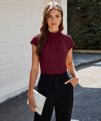 Image of Funlingo Womens Summer Tops Mock Neck Short Cap Sleeve Blouses Business Casual Work Chiffon Shirts Front Pleated Tunic Top