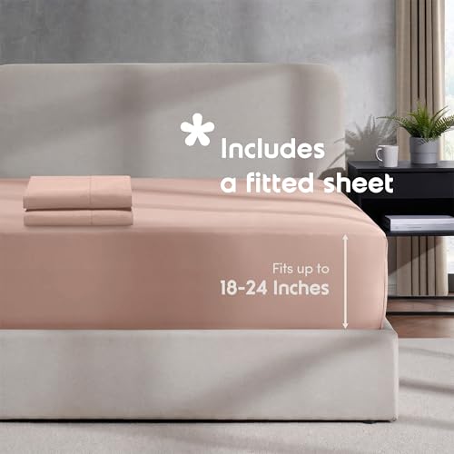 Image of Hearth & Harbor Blush Pink Duvet Cover with Fitted Sheet Twin Size | 3 Piece Soft Double Brushed Bedding Set, Button Closure, 1 Duvet Cover 68x90 Inches, 1 Fitted Sheet, 1 Pillow Sham