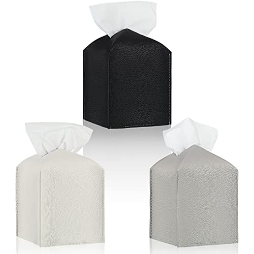 3 Pieces Tissue Box Cover Faux Leather Tissue Box Holder Modern Tissue Box Toilet Tissue Box Square Tissue Holder PU Leather Decorative Organizer for Bathroom Vanity Countertop Black White, Grey