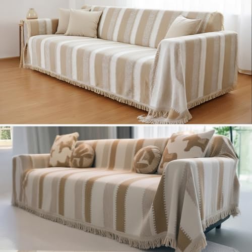Image of The Furnishing Tree Reversible Double Sided Chenille Throw Sofa Cover, Anti-Slip Couch Cover, Comfy Sofa Towel for All Seasons, 3 Seater, Beige and Cream with Light Brown stripes