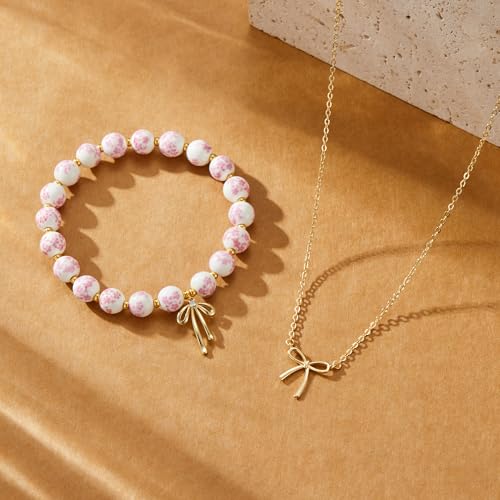 Bow Bracelet Necklace Set 14K Gold Beaded Bracelet Dainty Bow Pendant Choker Jewelry Gift Set3