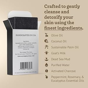 Southern Natural Activated Charcoal Soap Bar 3 Pack Face and Body Soap For Sensitive Skin With Dead Sea Mud Goat Milk Peppermint Essential Oil
