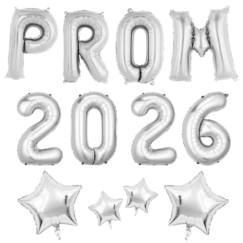 Graduation Prom Decorations 2026 12Pcs 16 Inch Silver PROM 2026 Foil Balloons with 4 Star Shape Congrats Balloons for College High School Congratulation Grad Party