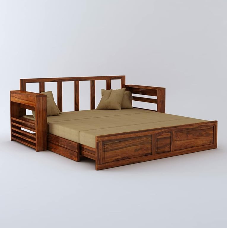 Image of Solid Sheesham Wood Sofa Cum Bed 2 Seater | Wooden Foldable Double Bed for Living Room with Headboard & Storage | Bed Cum Sofa with Mattress for Home | Dalla Design (Honey Finish)