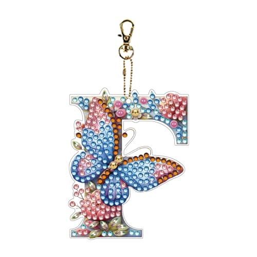 ダイヤモンドアートペインティング バタフライレターキーホルダーキット、DIY吊り下げペンダント 吊り下げバッグキー(両面ドリル加工)-F