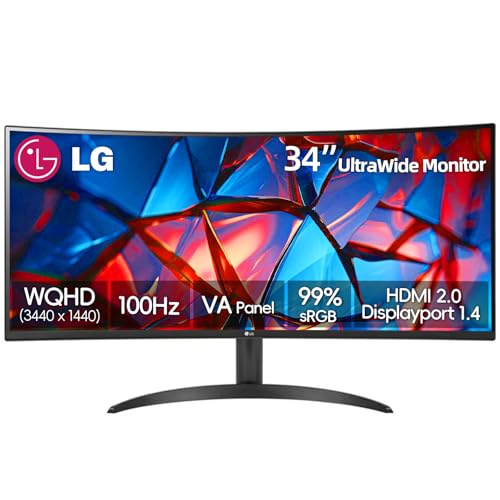Image of LG 34 Inch UltraWide Monitor, WQHD (3440x1440) Curved Display, 100Hz, sRGB 99%, HDR10, Dynamic Action Sync, Black Stabilizer, PBP, Dual Controller,Auto Input Switch, 1 x DisplayPort, 2 x HDMI, Black