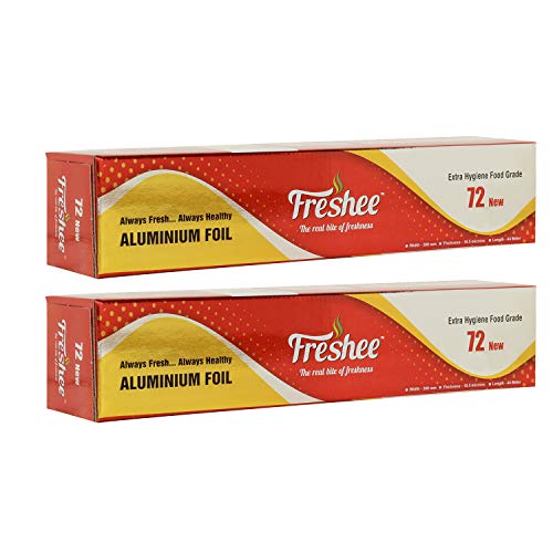Image of Freshee New Disposable Aluminium Silver Kitchen Foil Roll 44 m, Pack of 2, 11 Micron Thick Food wrap Silver Foil Roll