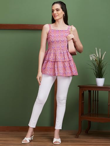 Image of Globus Women Square Neck Floral Print Strappy Peplum Fusion Tunic
