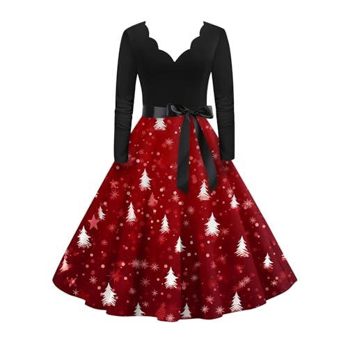 FUPODD Winterkleid Damen Knielang Weihnachts Abendkleider Elegant Weihnachtskleid Mit Gürtel Petticoat Kleid Mit Ärmel Winter Weihnachtskleider...