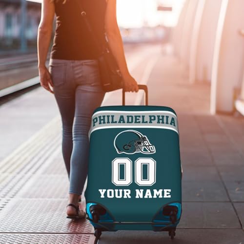 Image of Custom Football Luggage Cover Personalized Philadelphia Suitcase Cover with Name Number Customized Washable Elastic Sports Travel Suitcase Protector for Business Vacation Gifts