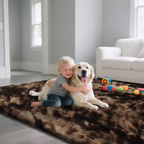 Fluffy Rug Shaggy Area Rug, Mottling Brown 3x5 Area Rugs for Bedroom, Small Bedside Rug, Soft Fluffy Shaggy Entryway Throw Rugs for Living Room Bedroom Kids Room Home Decor