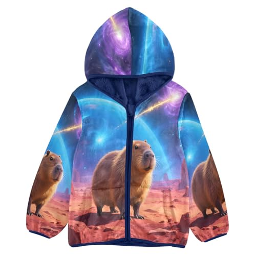 Capybara Standing on Mars Landscape Toddler Fleece Jacket Girl Boys Hooded Fleece Jacket Coat