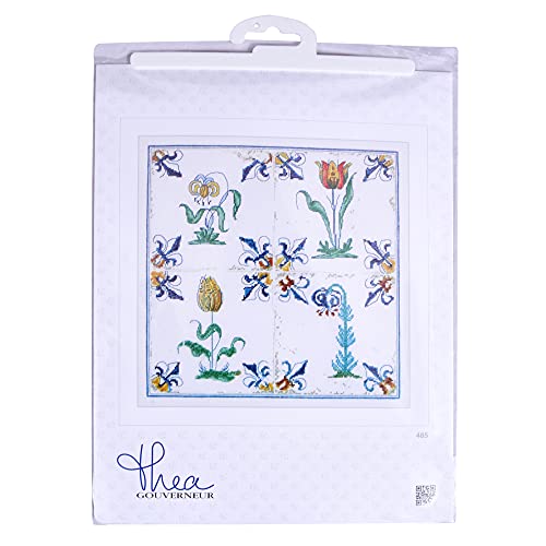 Image of Thea Gouverneur - Counted Cross Stitch Kit - Antique Tiles Flowers - Aida - 18 Count - Embroidery Kit for Adults - DMC Embroidery Threads and Other Cross Stitch Supplies Included - 485A