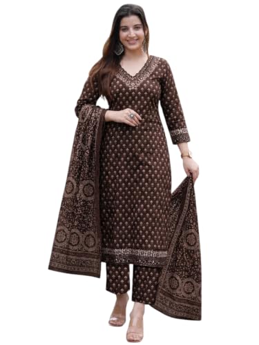 Image of GoSriKi Viscose Printed Kurta With Pant And Dupatta for Women | Straight Kurti Set for Woman | 3 /4 Sleeve V-Neck Stylish Kurta Pant Dupatta Ethnic Outfit Party Wedding