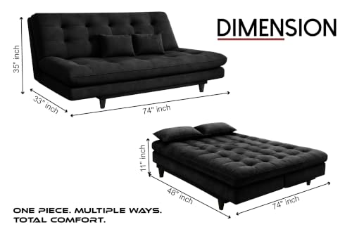 Image of 3-Seater Velvet Sofa Cum Bed | Tufted Convertible Sleeper Sofa | Plush Cushioned Seating | Space-Saving Design for Living Room, Bedroom & Office | Black