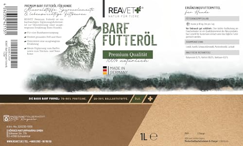 TESTURTEIL SEHR GUT 05/24 ReaVET Profi Futteröl Hunde 1 Liter, 1. Kaltpressung, kaltgepresst, Barföl, Futteröl Hund, hochwertige & perfekte Mischung, Barf Zusatz für Hunde I natürlich & artgerecht
