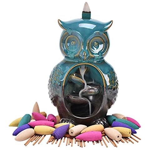 Backflow Incense Burner, Handmade Incense Holder Owl Shape Ceramics Smoke Waterfall Aromatherapy Incense Cones,Mat,Incense Sticks Holder Home Decor Gifts Cover