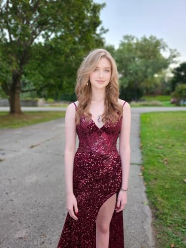 Miao Duo Women's Sequin Sparkly Mermaid Prom Dresses with Slit 2025 Long Spaghetti Straps Formal Evening Dress YZTS2114