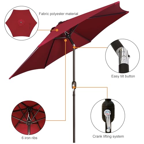 Image of Blissun 7.5 ft Patio Umbrella, Yard Umbrella, Outdoor Market Umbrella with Push Button Tilt Crank, Burgundy