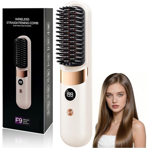 DONGTATA Wireless Hair Straightener Brush Hair Straightening Comb Portable Rechargeable Hair Styling Brush with LED Display 4 Heat Modes Ceramic Anti Scald for Travel & Everyday Use (Cream White)