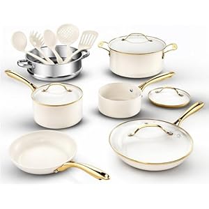 Gotham Steel 15 Pc Ceramic Pots and Pans Set Non Stick, Kitchen Cookware Sets, Pot and Pan Set, Ceramic Cookware Set, Non Toxic Cookware Set, Non Stick Pots and Pan Set Dishwasher Safe, Cream White