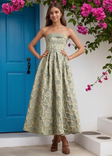 Jacquard Satin Bridesmaid Dresses for Women Strapless Midi Wedding Guest Dress A Line Formal Evening Gown2