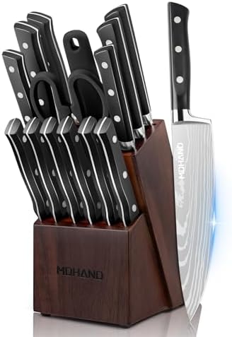MDHAND Knife Set with Block, 15 Pieces Professional Chef Knife Set, Forged, High Carbon Stainless Steel Kitchen Knife Set with Sharpener - Forged Triple Rivet, Dishwasher Safe, Best Chef Gifts, Black