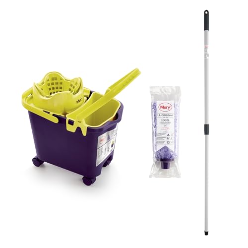 Mery Set Cubo con Fregona y Palo, Cubo Escurridor automático con Ruedas y Cubeta Multiusos Morado y Lima, 14 L, Fregona Microfibra Absorbente, Rosca Universal, Palo Telescópico de Acero Plastificado