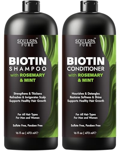 Image of SOULSPA PURE Biotin Rosemary Shampoo and Conditioner Set - Sulfate Free Scalp Care & Hair Strengthening for Thinning, Color-Treated Hair - Rosemary Oil for Men & Women - 16 fl oz Each