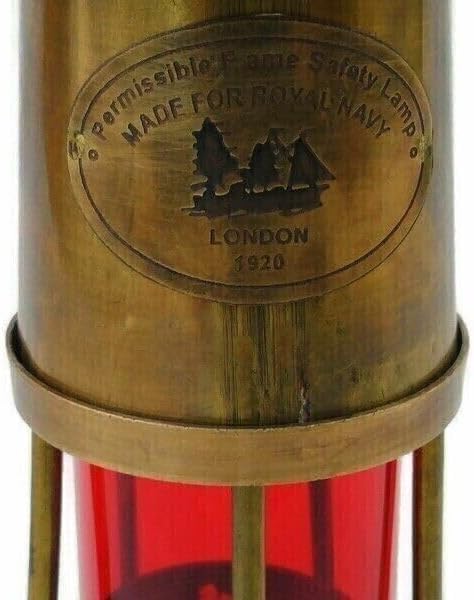Vintage Brass Flame Safety Lamps – Navy Style London 1920 Replica – Antique Nautical Oil Lantern Miniature Set – Handmade Collectible Ship Lanterns – Maritime Home Decor – Red & Green Glass