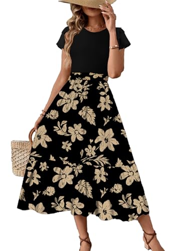 Image of Dokotoo Women's 2026 Summer Dress Short Sleeve Crew Neck Casual Floral Print Long Flowy Dresses Maxi Dresses