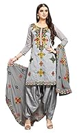 EthnicJunction Women's Rajasthani Mirror Work Chanderi Embroidery Unstitched Salwar Kameez Dress Material (Light GRey)