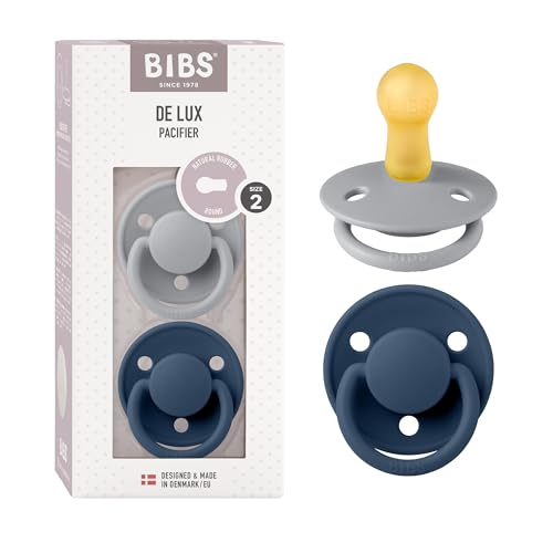 Image of BIBS De Lux Baby Pacifier 2-Pack | Made in Denmark | BPA Free Dummy Soother, Round Nipple. Natural Rubber Latex, Size 2 (6-18 Months), Cloud/Steel Blue