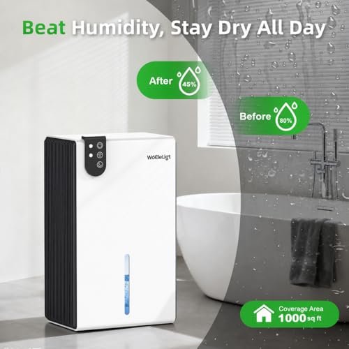 Image of 98 OZ Small Dehumidifier for Home 1000 Sq Ft, Quiet Dehumidifier with Drain Hose, Auto Shut-Off, Sleep Mode, 7-Color Light for Basement, Bedroom, Bathroom, Closet, RV (Blue White)