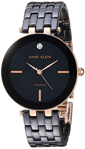 Anne Klein Women's AK/3310BKRG Diamond-Accented Rose Gold-Tone and Black Ceramic Bracelet Watch
