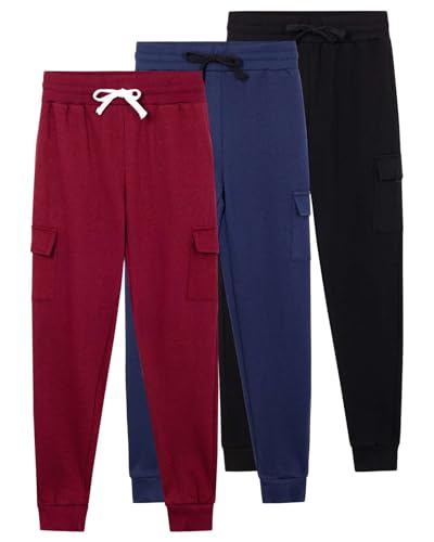 Real Essentials 3 Pack: Boys' Fleece Cargo Joggers Athletic Sweatpants - Kids Casual Pants with Pockets (Ages 6-16)