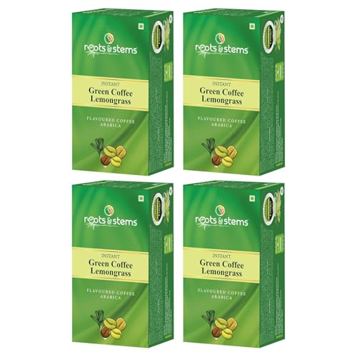 Image of roots & stems Green Coffee Lemongrass | Instant Premix Extract Powder with Probiotic | Arabica, Flavoured Coffee |100g (5gx20 Sachets) Pack of 4