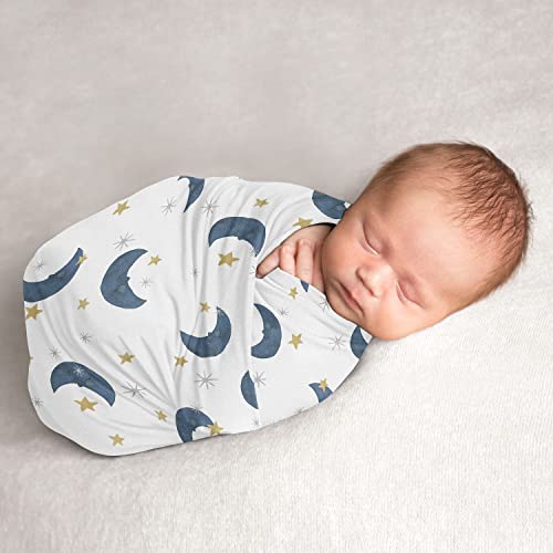 Image of Sweet Jojo Designs Moon and Star Boy or Girl Swaddle Blanket Jersey Stretch Knit for Newborn or Infant Receiving Security - Navy Blue and Gold Watercolor Celestial Sky Gender Neutral